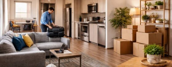 Modern furnished suite for long-term assignments with worker unpacking in comfortable rental space