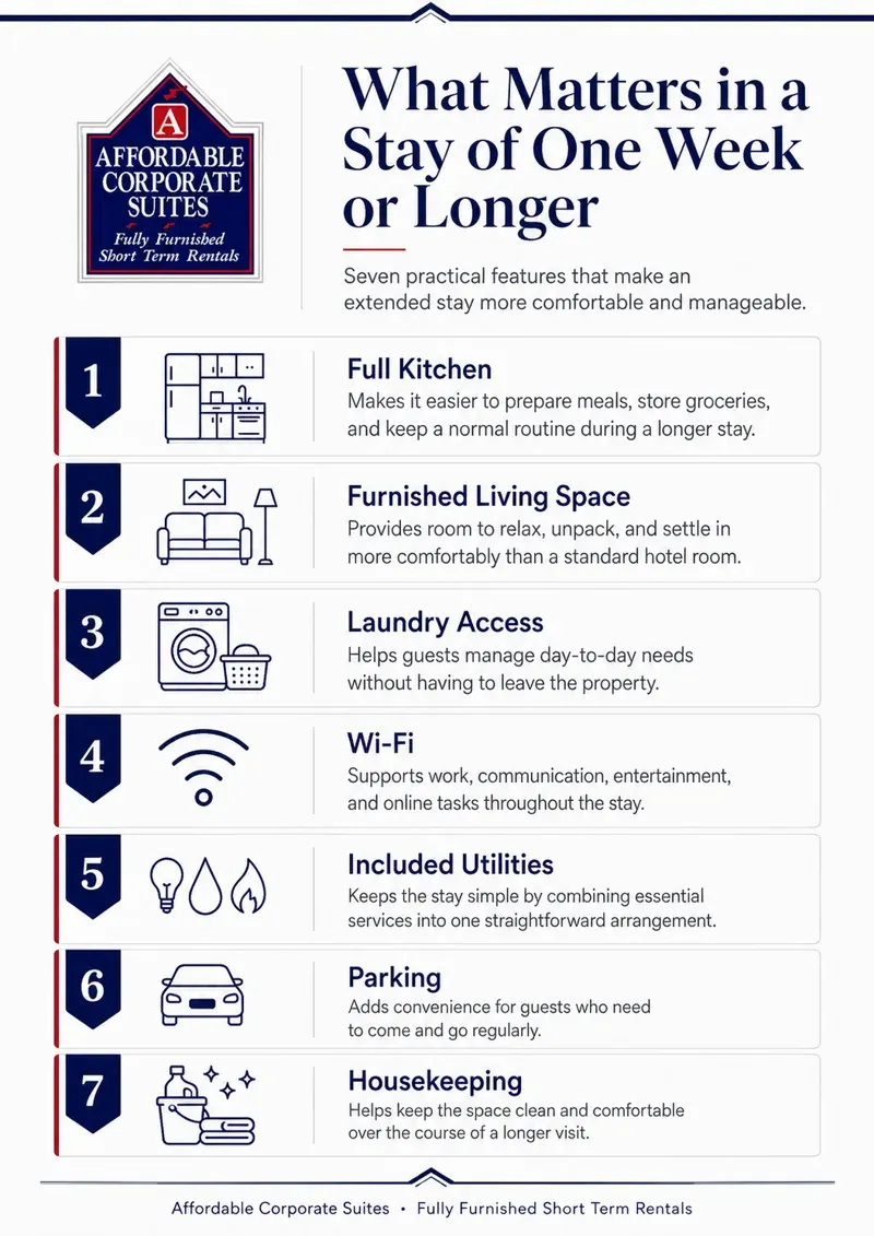 Infographic showing 7 essential features of longer-stay accommodations in Christiansburg by Affordable Corporate Suites