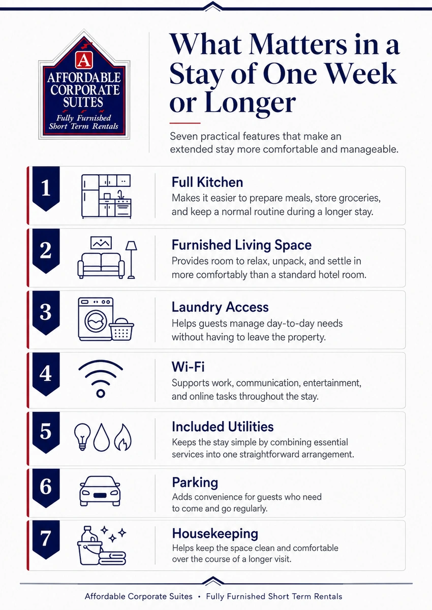 Infographic showing 7 essential features of longer stay accommodations in Christiansburg by Affordable Corporate Suites