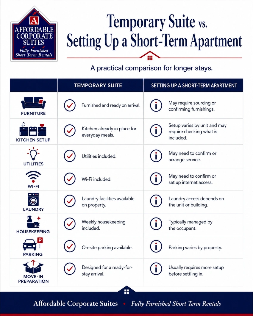 Comparison of temporary suites and short term apartments regarding furniture, kitchen, utilities, and parking - Affordable Corporate Suites.