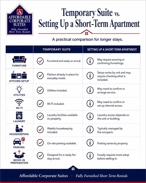 Comparison of temporary suites and short-term apartments regarding furniture, kitchen, utilities, and parking - Affordable Corporate Suites.