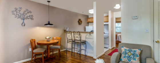 Furnished suite with kitchen at Affordable Corporate Suites, an extended-stay hotel in Salem, VA.