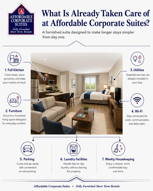 Infographic showing furnished suite amenities for longer-stay accommodations at Affordable Corporate Suites.