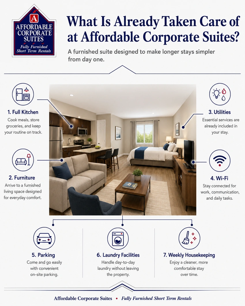Infographic showing furnished suite amenities for longer stay accommodations at Affordable Corporate Suites.
